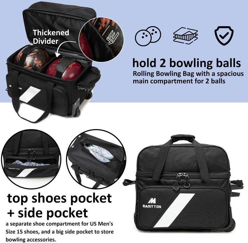MARITTON Bowling Bag with Wheels Double Roller 2 Ball Bowling Separate Shoe Compartment and Oversized Accessory Pocket, 36.6" Extendable Handle. - Image 2